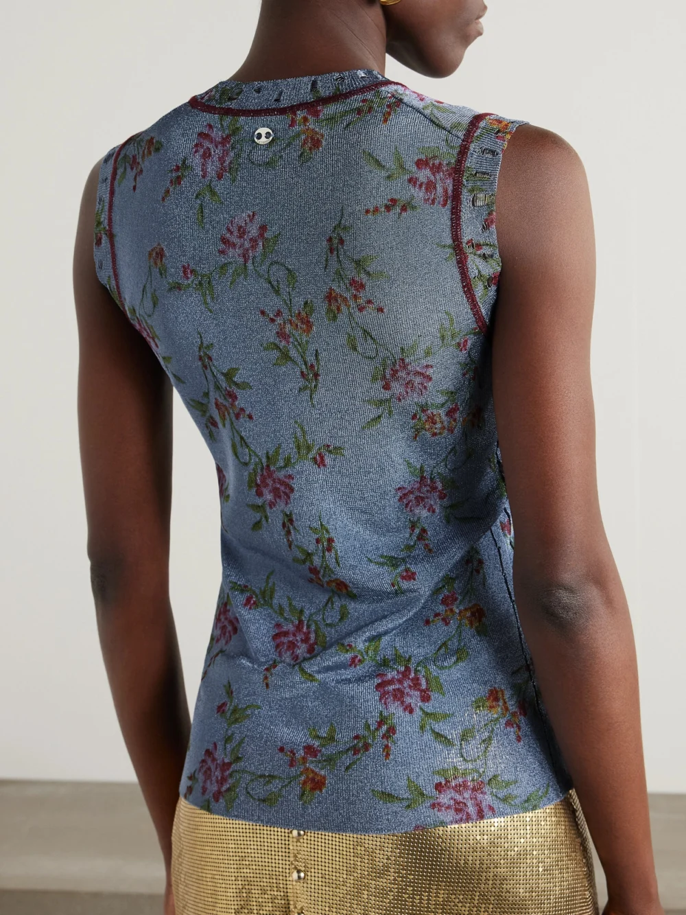 Back view of the Rabanne Floral-print Metallic Knitted Tank