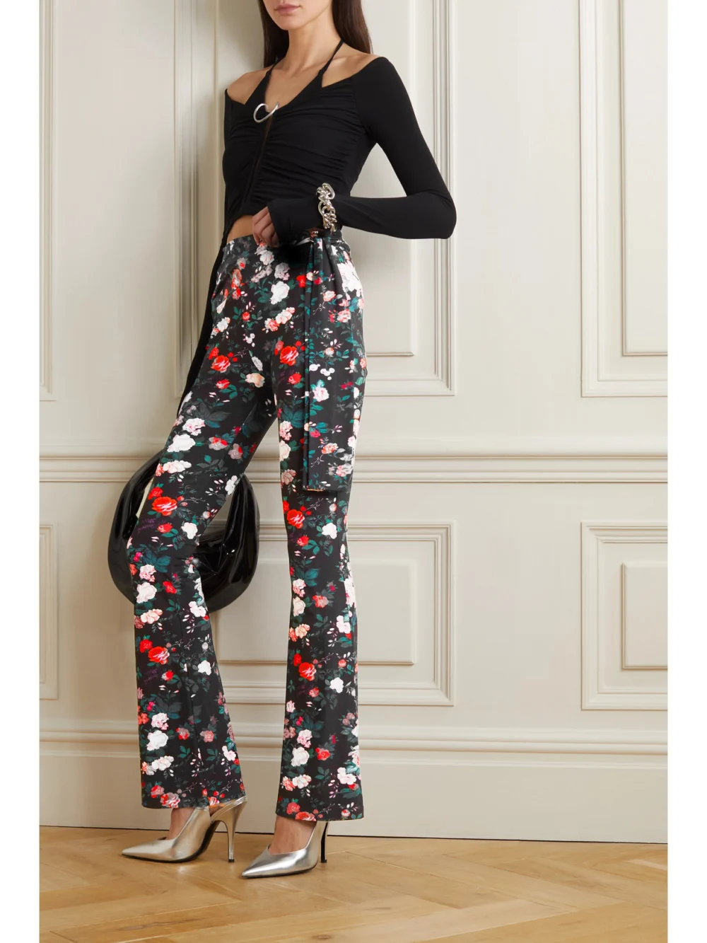 Rabanne Floral-print Stretch-jersey Flared Pants, worn by a model