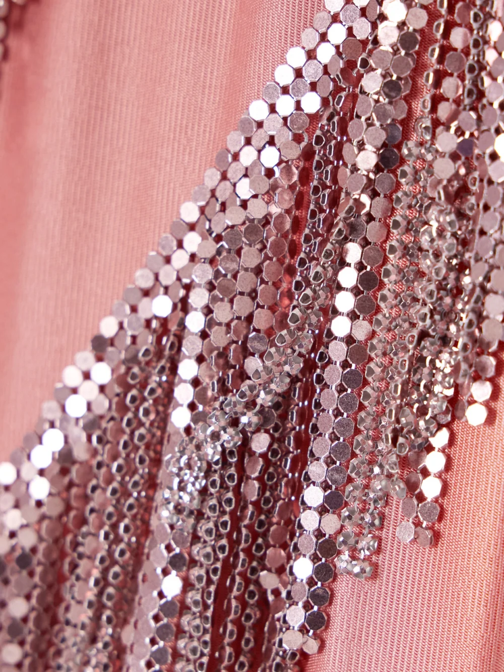 Close-up detail of the Rabanne Fringed Chainmail-embellished Satin-jersey Maxi Dress