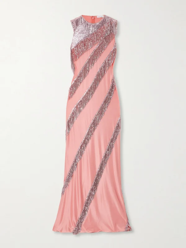 Rabanne Fringed Chainmail-embellished Satin-jersey Maxi Dress