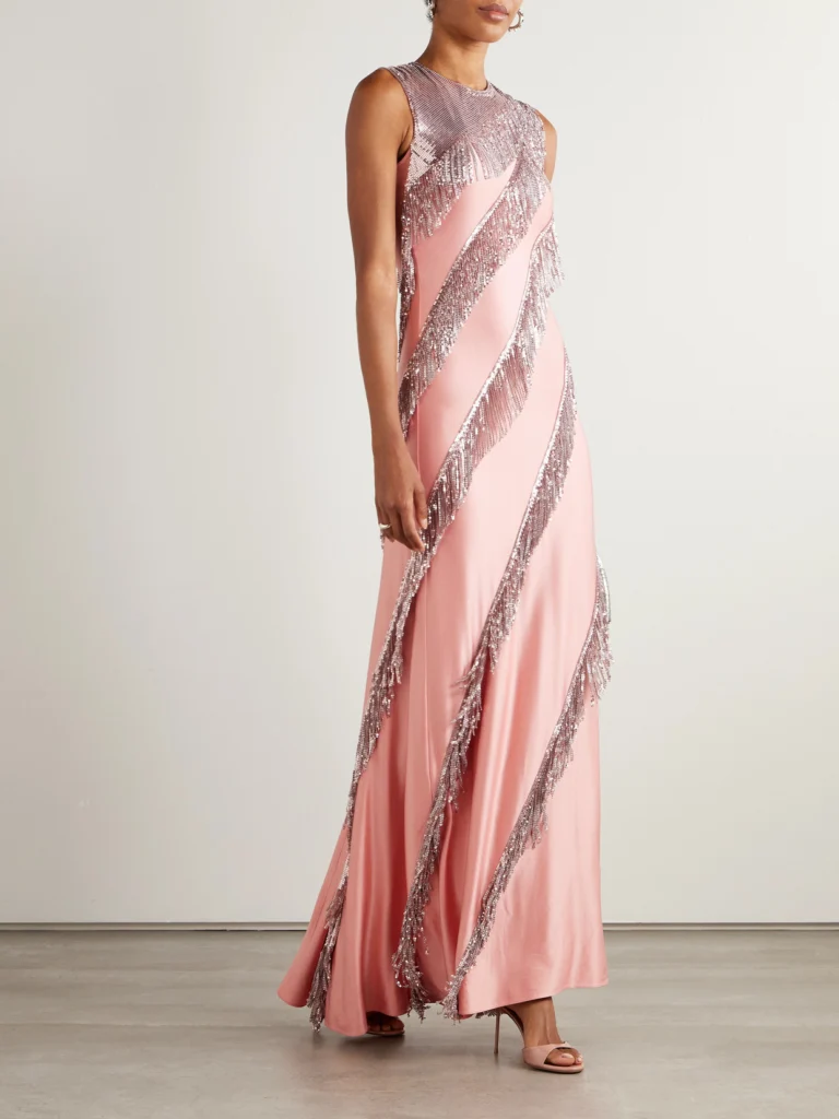 Rabanne Fringed Chainmail-embellished Satin-jersey Maxi Dress