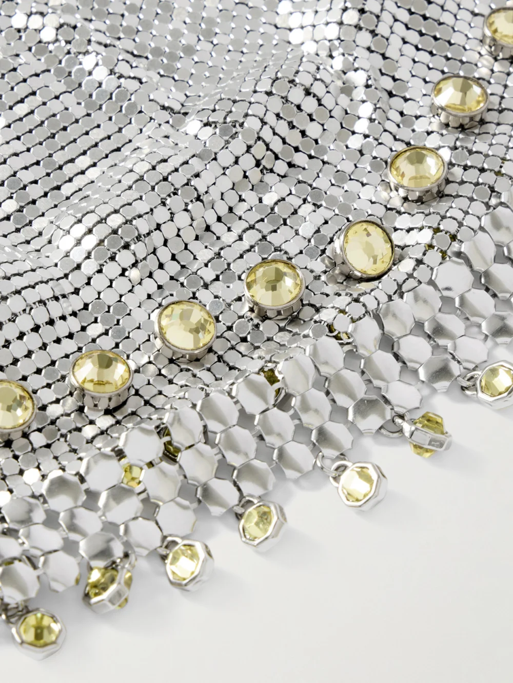 Close-up detail of the Rabanne Fringed Crystal-embellished Silver-tone Chainmail Hat