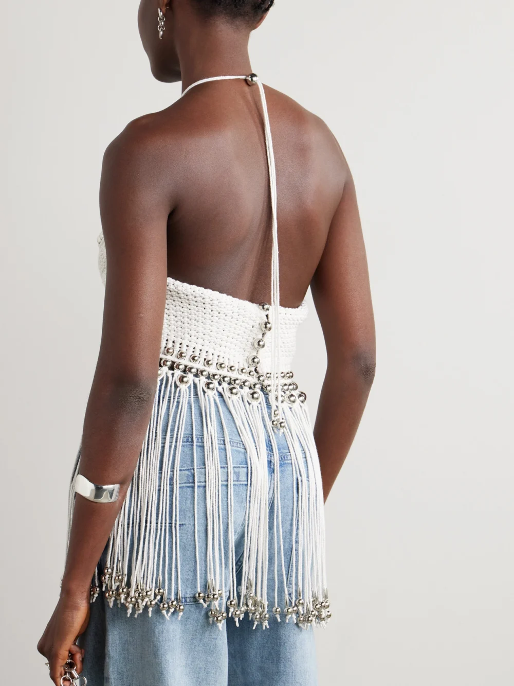 Back view of the Rabanne Fringed Embellished Macramé Halterneck Top