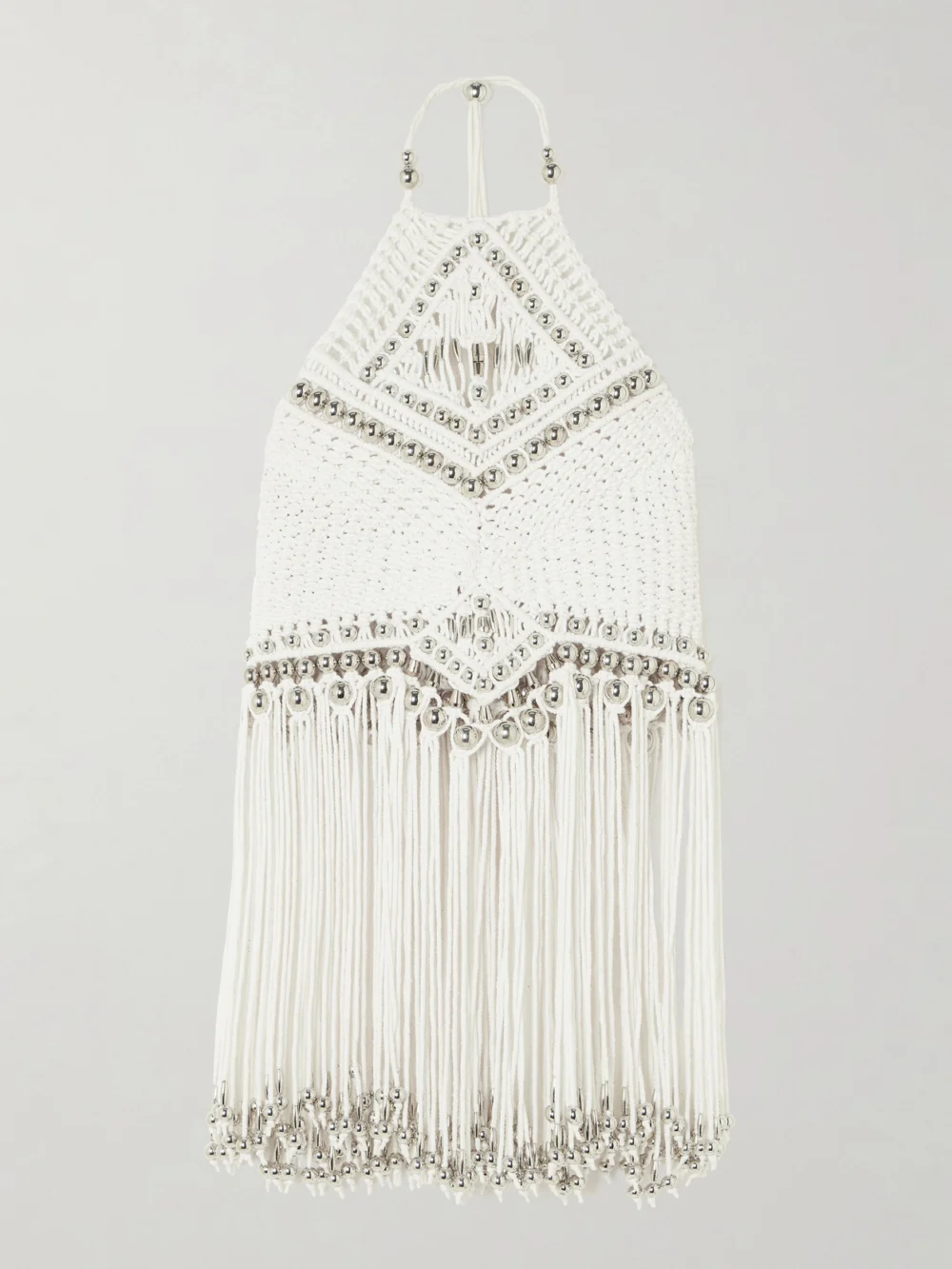 Rabanne Fringed Embellished Macramé Halterneck Top in white