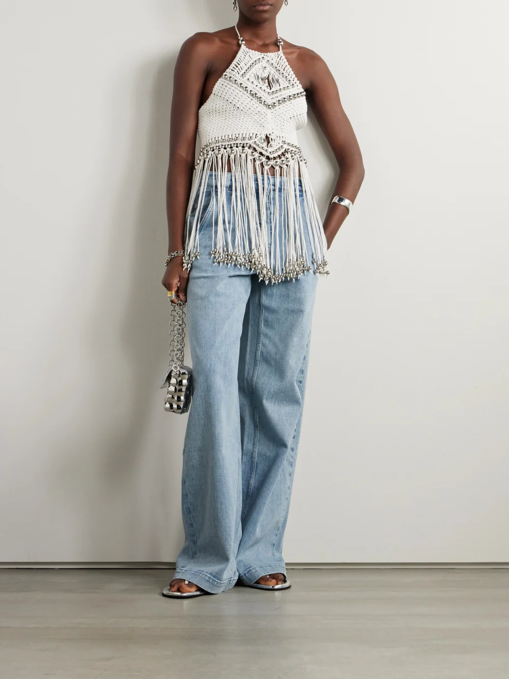 Rabanne Fringed Embellished Macramé Halterneck Top, worn by a model