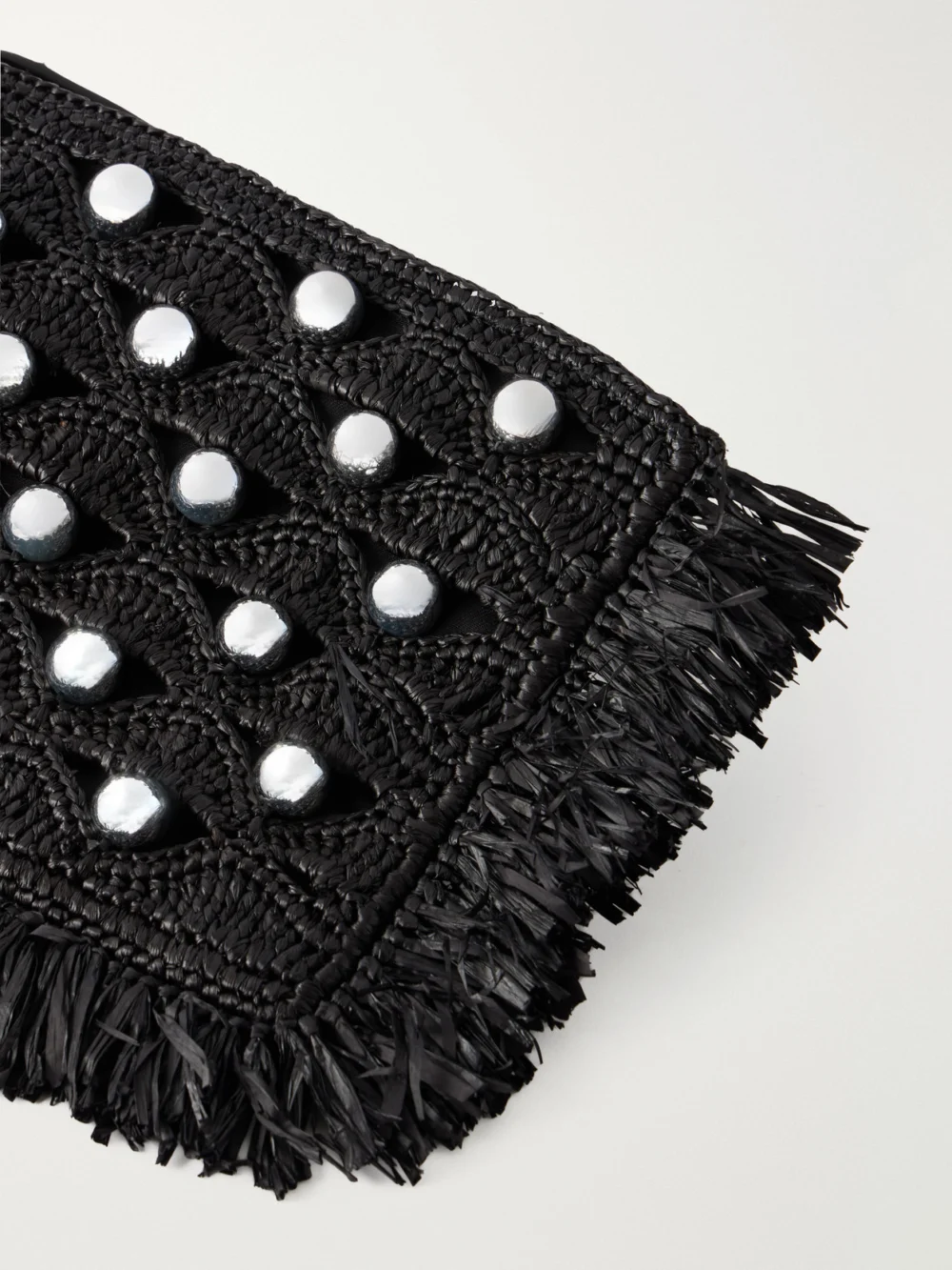 Close-up detail of the Rabanne Fringed Studded Raffia Clutch