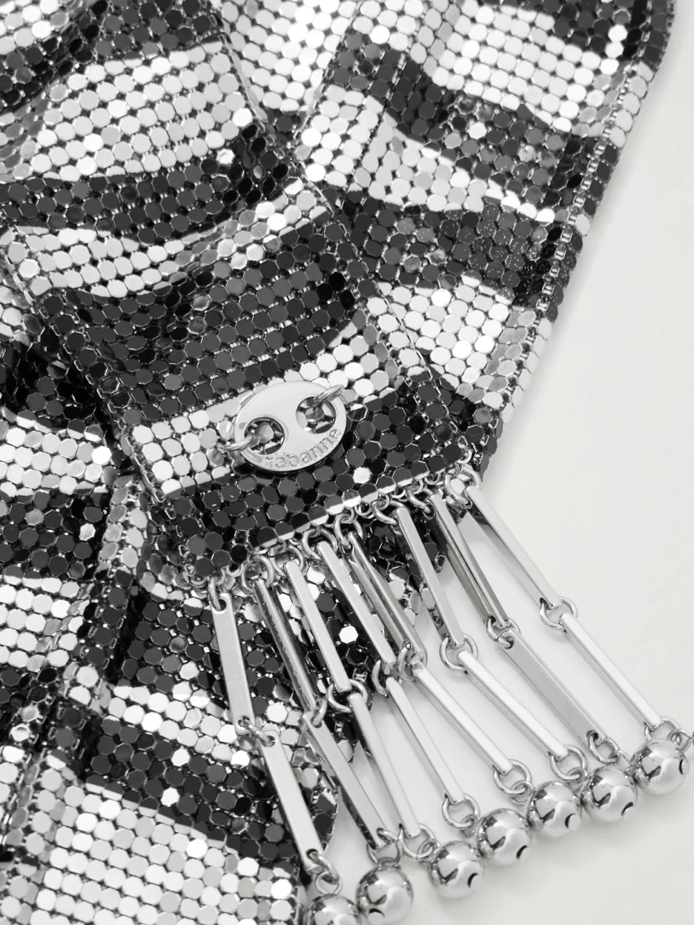 Close-up detail of the Rabanne Fringed Zebra-print Chainmail Scarf