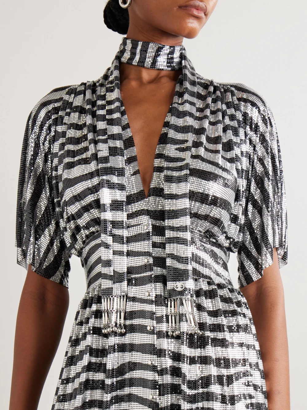 Rabanne Fringed Zebra-print Chainmail Scarf, styled view