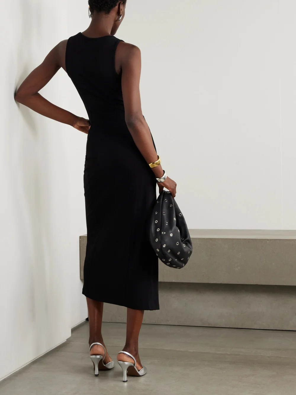 Back view of the Rabanne Gathered Embellished Jersey Midi Dress