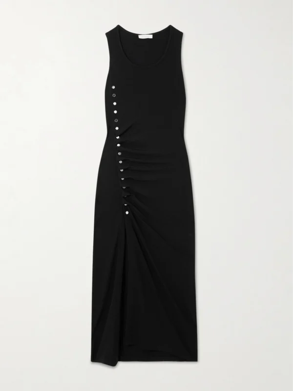 Rabanne Gathered Embellished Jersey Midi Dress