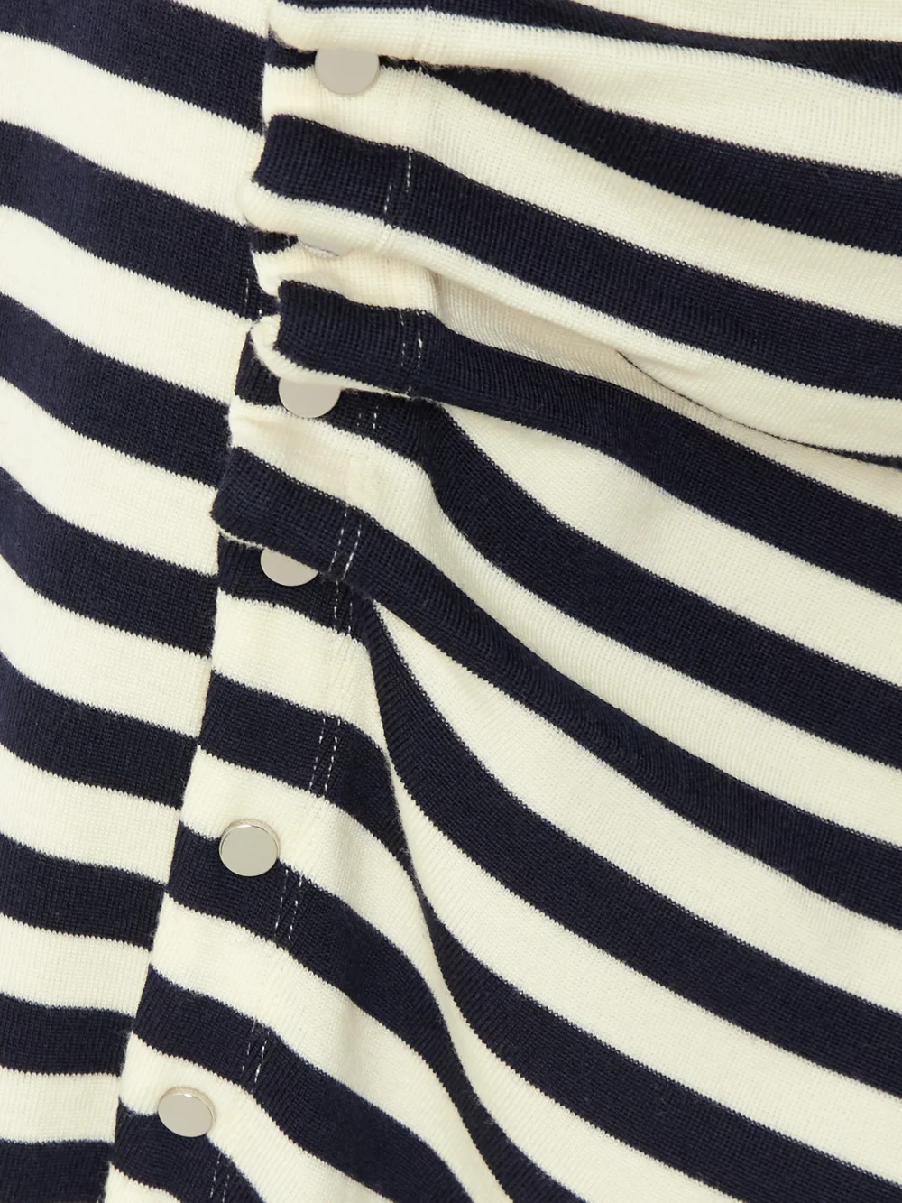 Close-up detail of the Rabanne Gathered Embellished Striped Wool-blend Midi Dress
