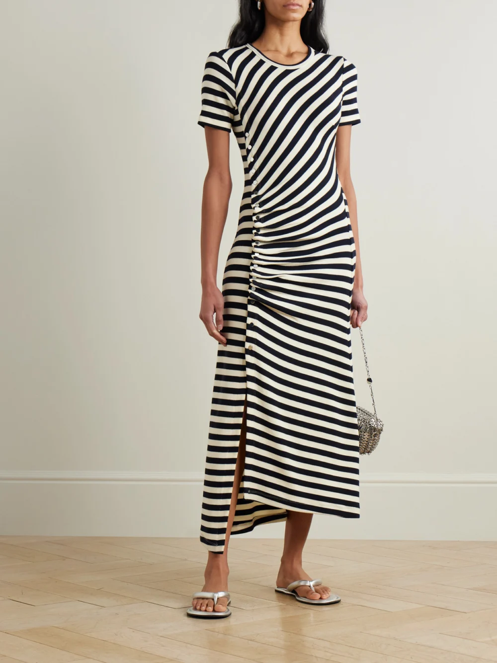 Rabanne Gathered Embellished Striped Wool-blend Midi Dress, worn by a model