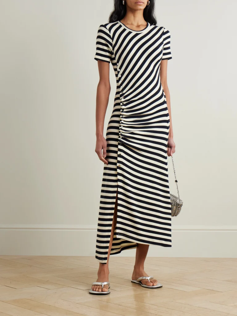 Rabanne Gathered Embellished Striped Wool-blend Midi Dress