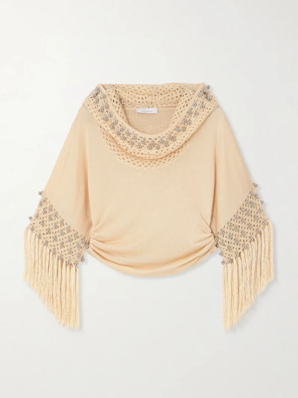 Rabanne Hooded Fringed Bead-embellished Crochet and Knit Sweater