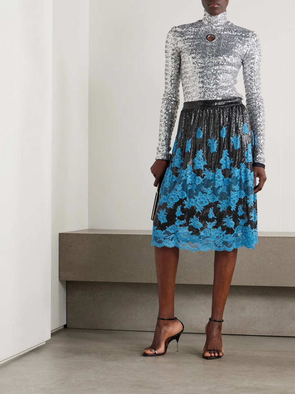 Rabanne Lace-trimmed Chainmail Midi Skirt, worn by a model