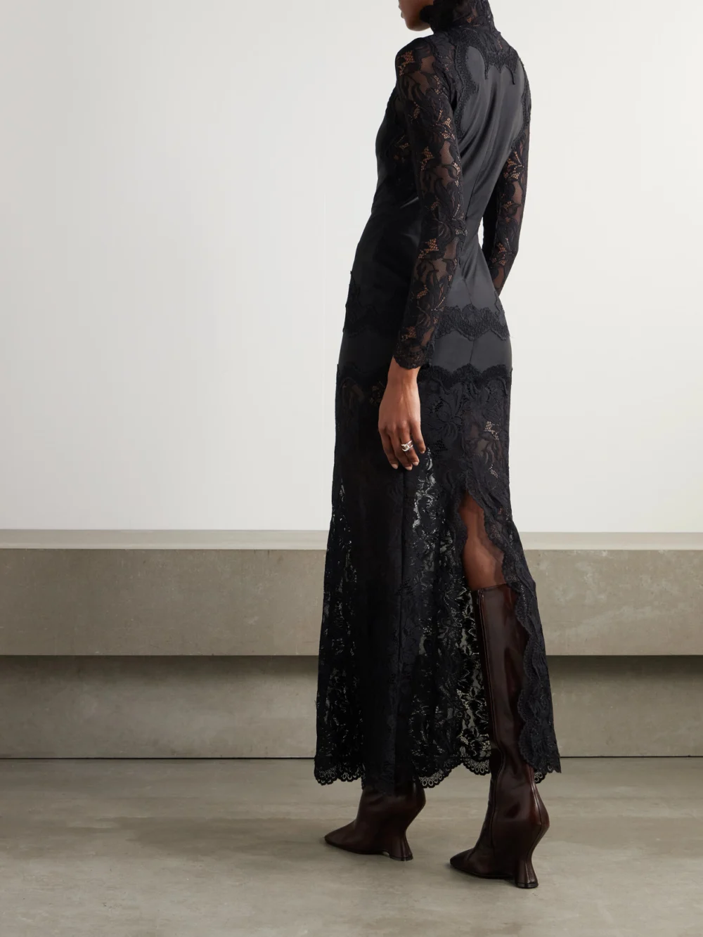 Back view of the Rabanne Lace-trimmed Silk-satin Maxi Dress