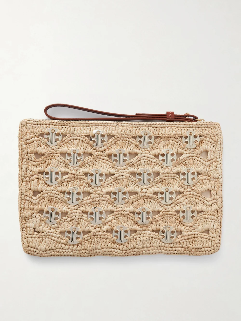 Back view of the Rabanne Leather-trimmed Chainmail-embellished Raffia Pouch