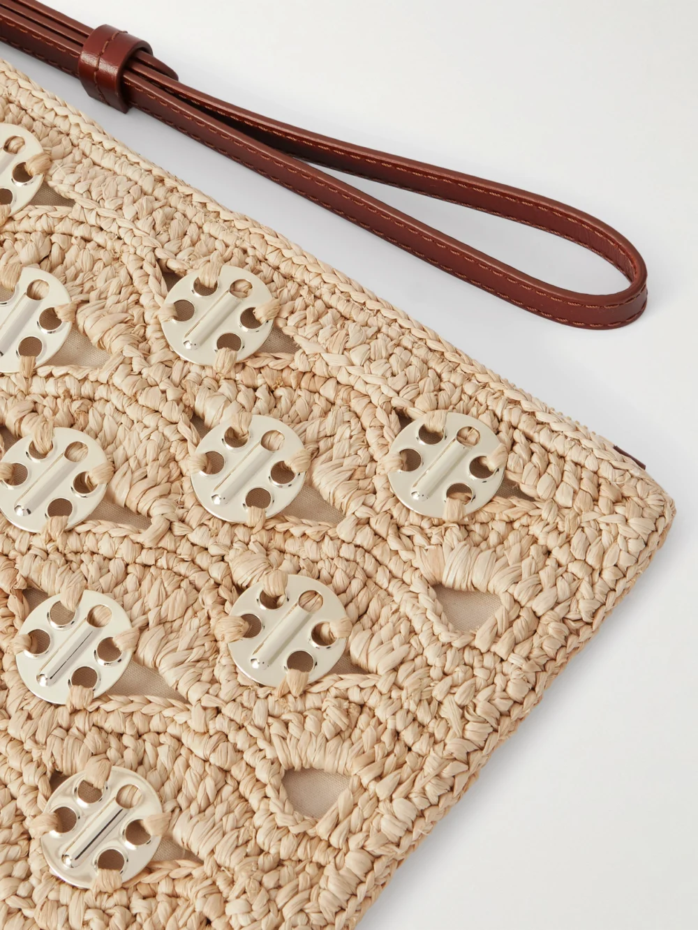 Close-up detail of the Rabanne Leather-trimmed Chainmail-embellished Raffia Pouch