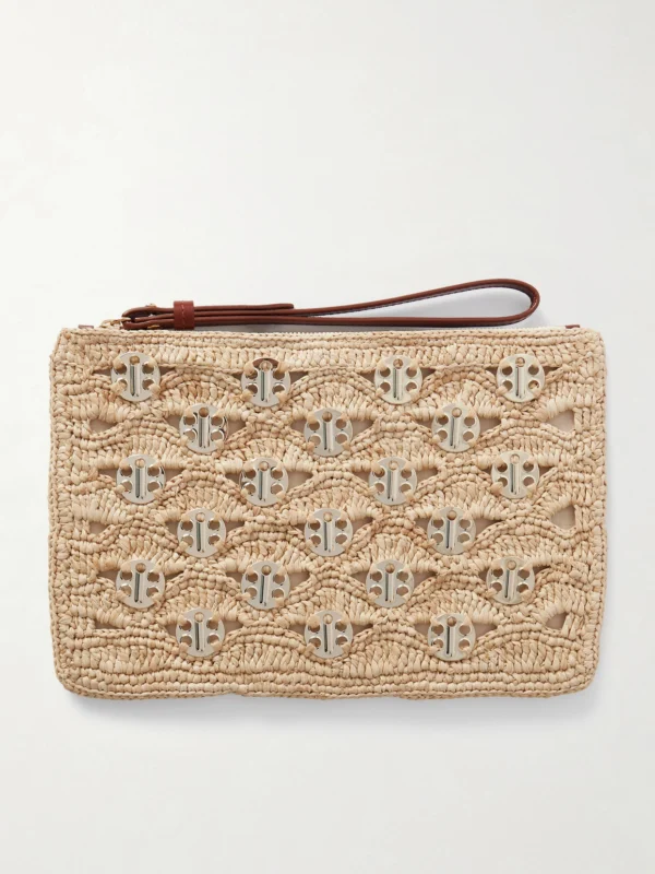 Rabanne Leather-trimmed Chainmail-embellished Raffia Pouch