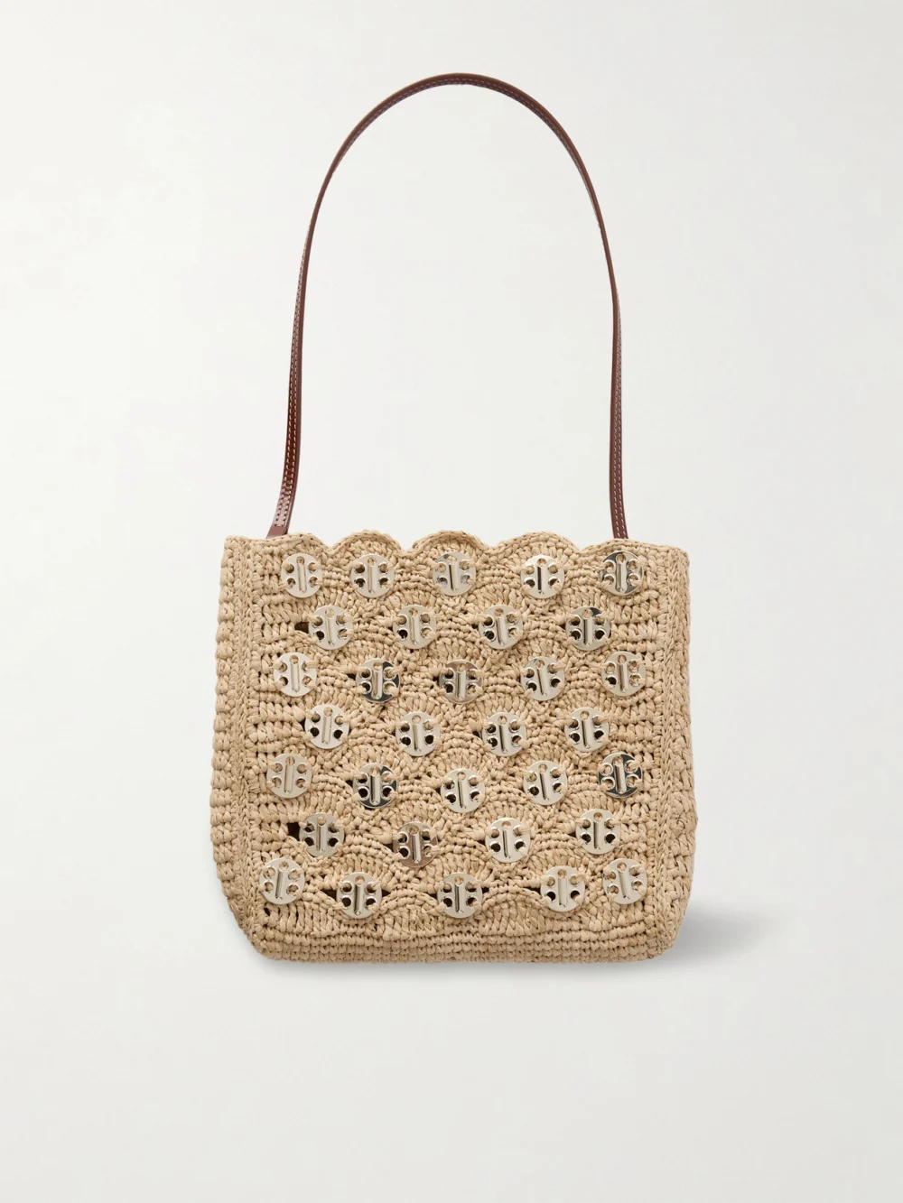 Back view of the Rabanne Leather-trimmed Embellished Woven Raffia Shoulder Bag