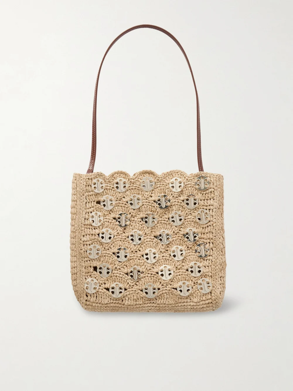 Rabanne Leather-trimmed Embellished Woven Raffia Shoulder Bag in neutral