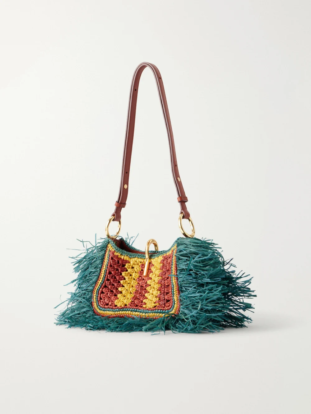 Back view of the Rabanne Leather-trimmed Fringed Raffia Shoulder Bag