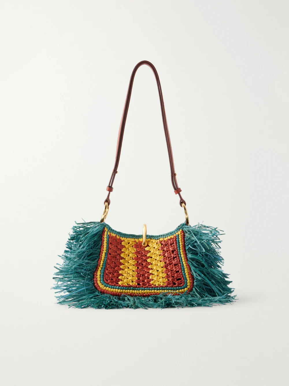 Rabanne Leather-trimmed Fringed Raffia Shoulder Bag in teal