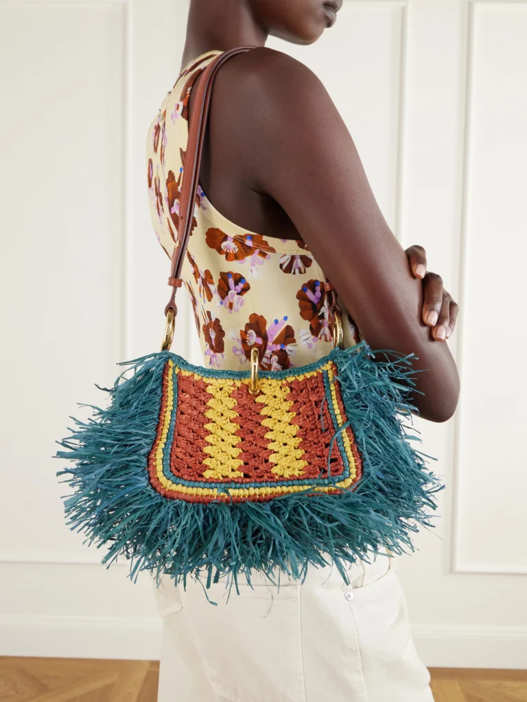 Rabanne Leather-trimmed Fringed Raffia Shoulder Bag