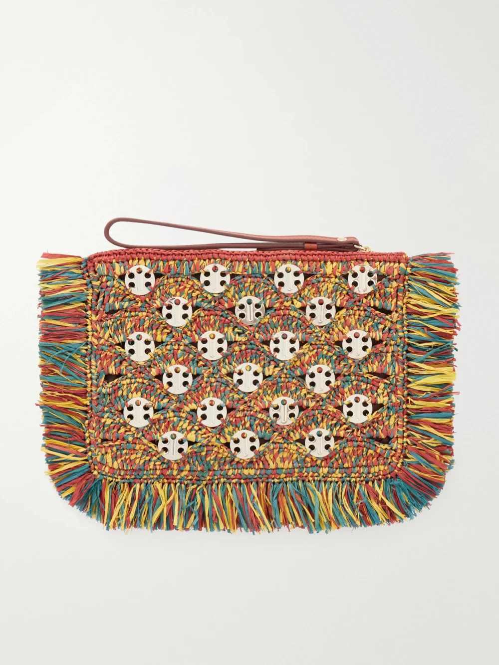 Back view of the Rabanne Leather-trimmed Fringed Woven Raffia Clutch