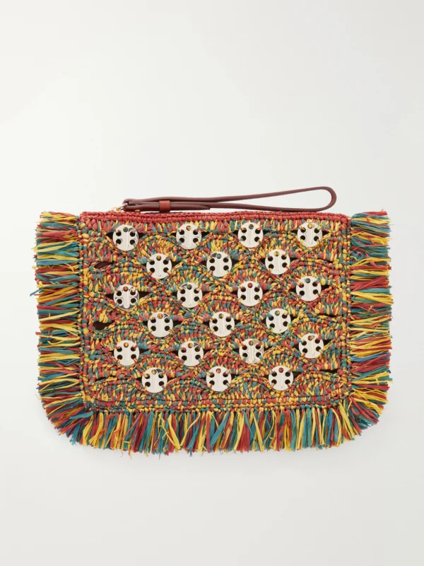 Rabanne Leather-trimmed Fringed Woven Raffia Clutch