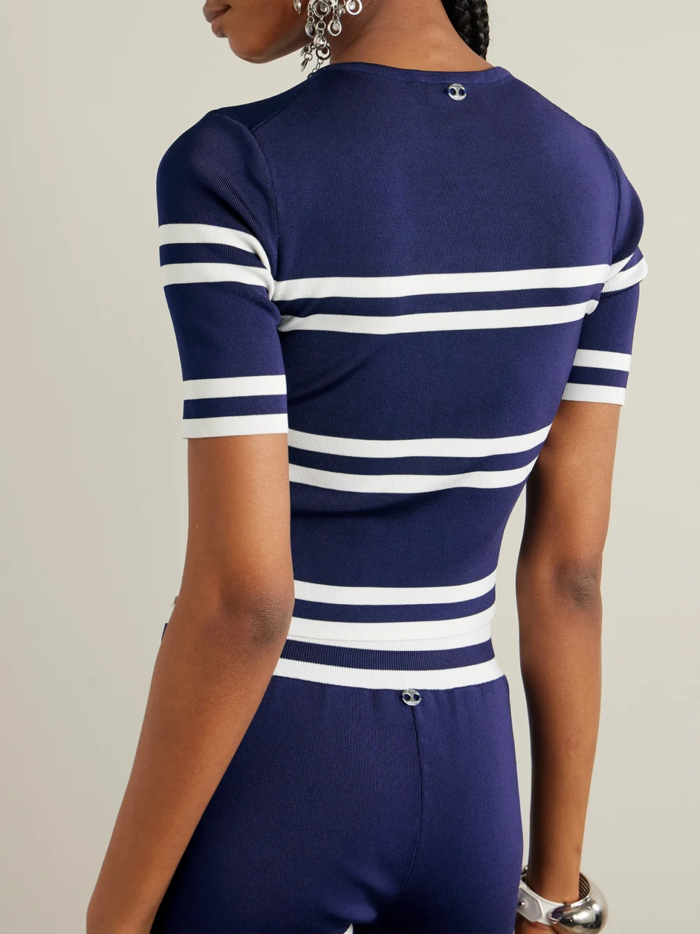 Back view of the Rabanne Lurex-trimmed Striped Ribbed-knit Top