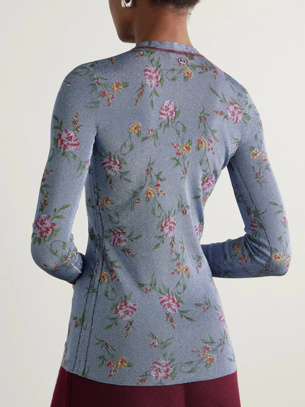 Back view of the Rabanne Metallic Floral-print Knitted Cardigan