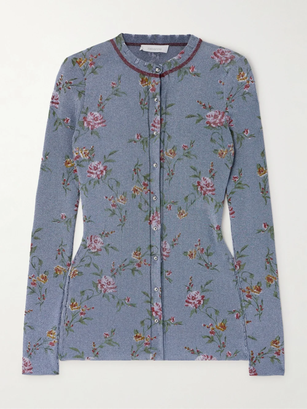 Rabanne Metallic Floral-print Knitted Cardigan in blue