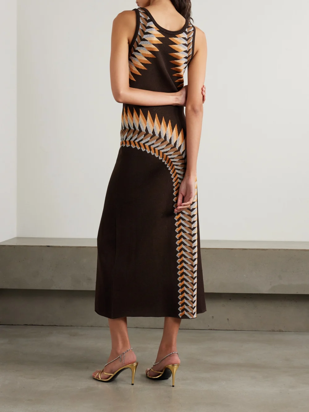 Back view of the Rabanne Metallic Jacquard-knit Maxi Dress