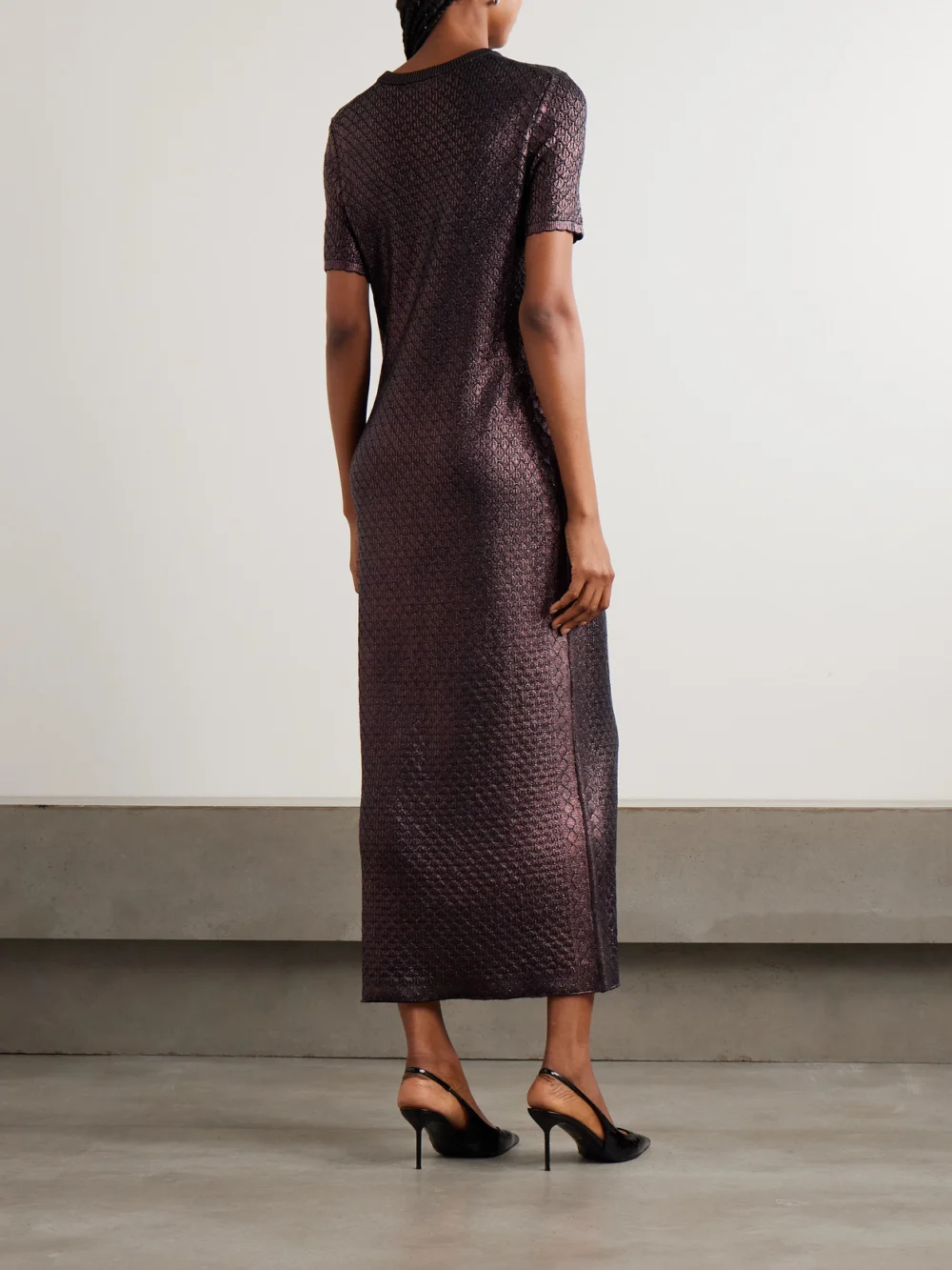Back view of the Rabanne Metallic Jacquard-knit Maxi Dress