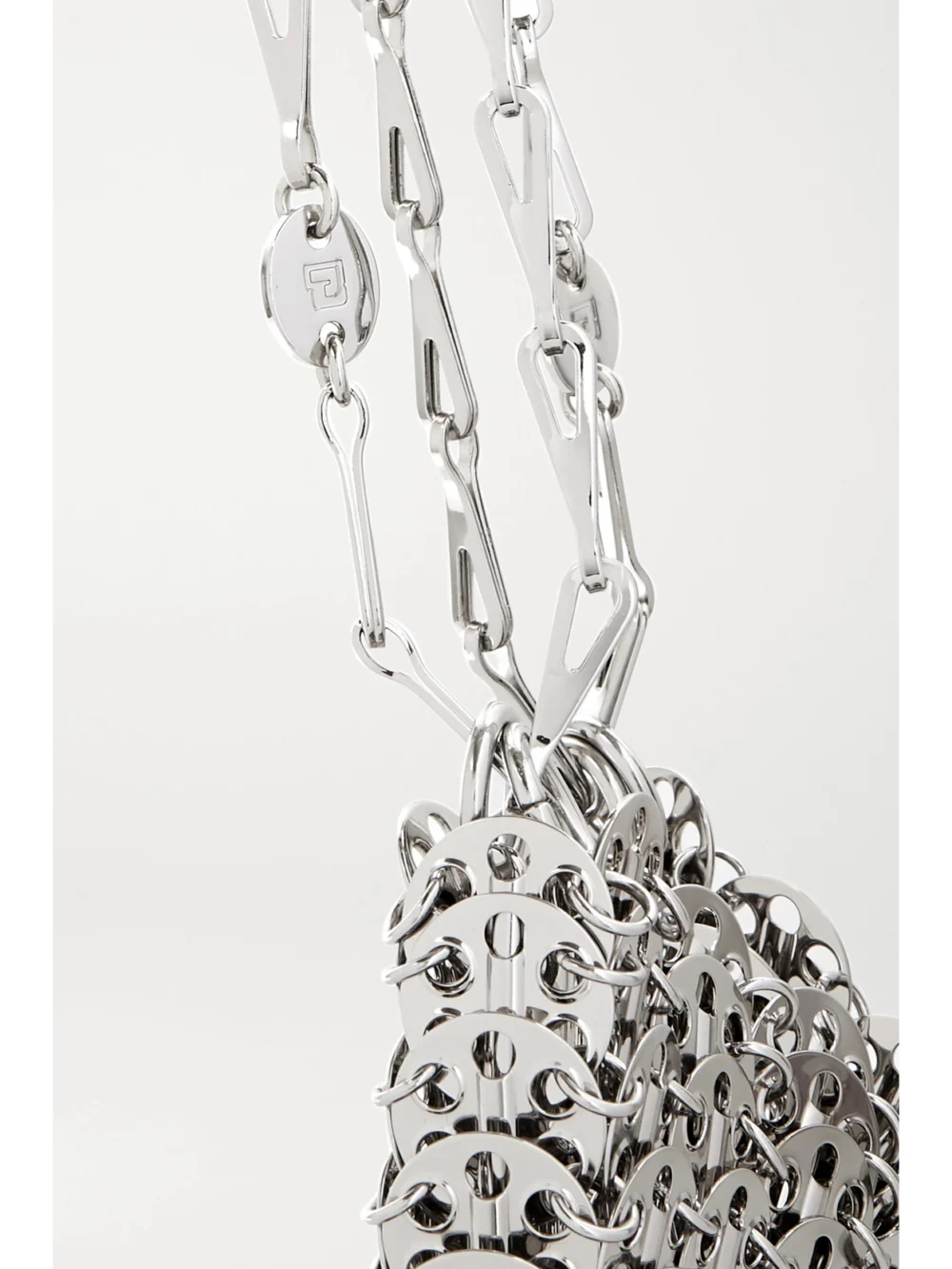 Close-up detail of the Rabanne Nano 1969 Paillette-embellished Chainmail Shoulder Bag
