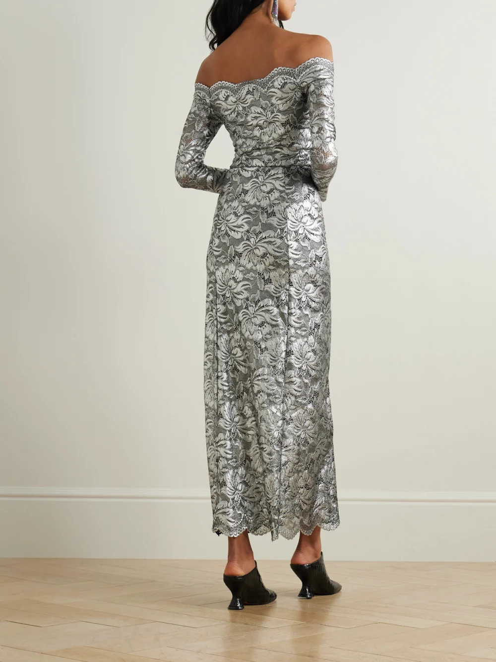 Back view of the Rabanne Off-the-shoulder Metallic Stretch-lace Midi Dress