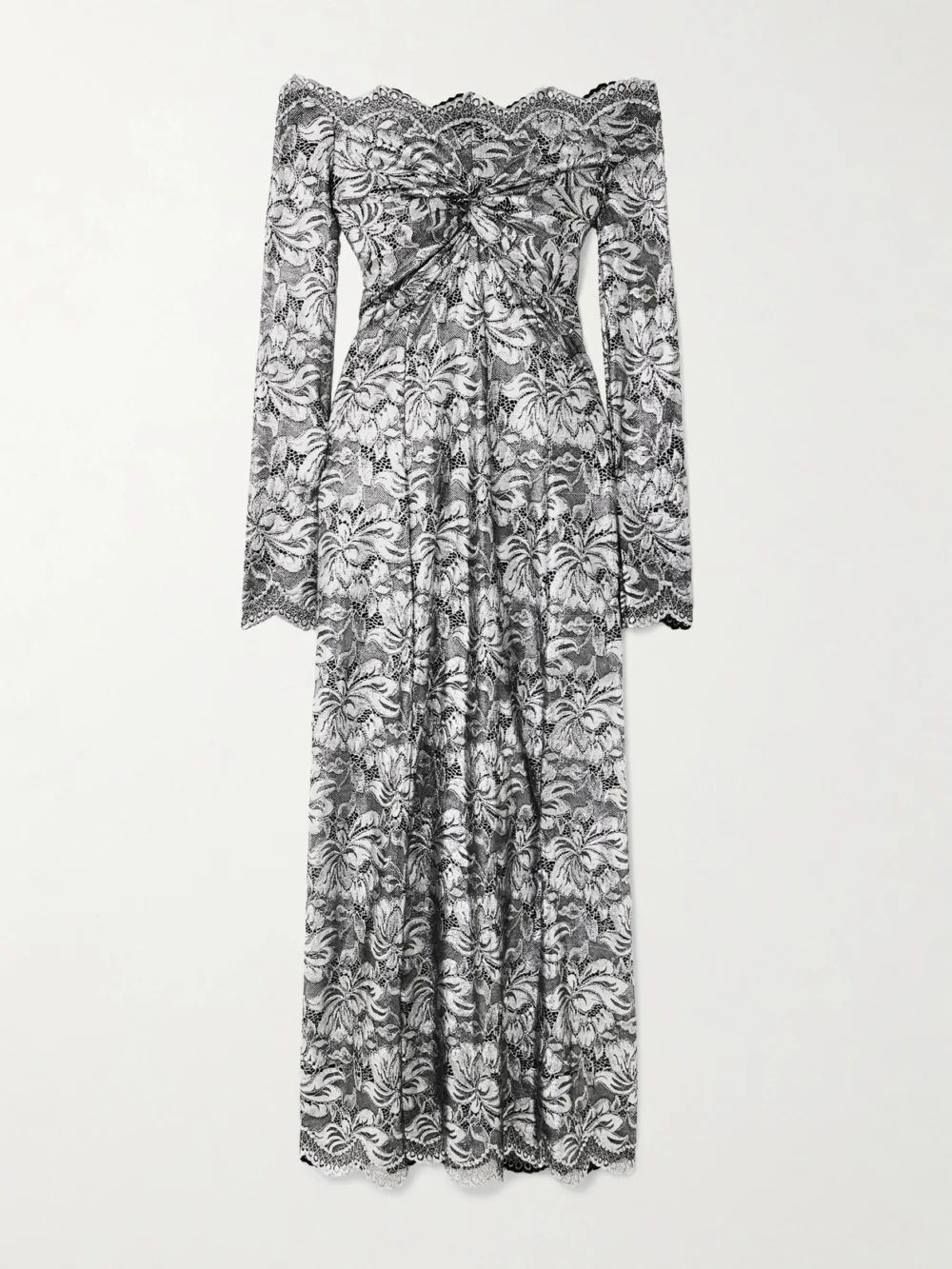 Rabanne Off-the-shoulder Metallic Stretch-lace Midi Dress in silver