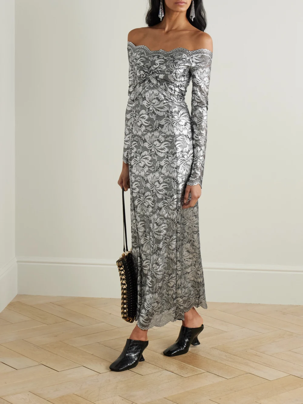 Rabanne Off-the-shoulder Metallic Stretch-lace Midi Dress, worn by a model