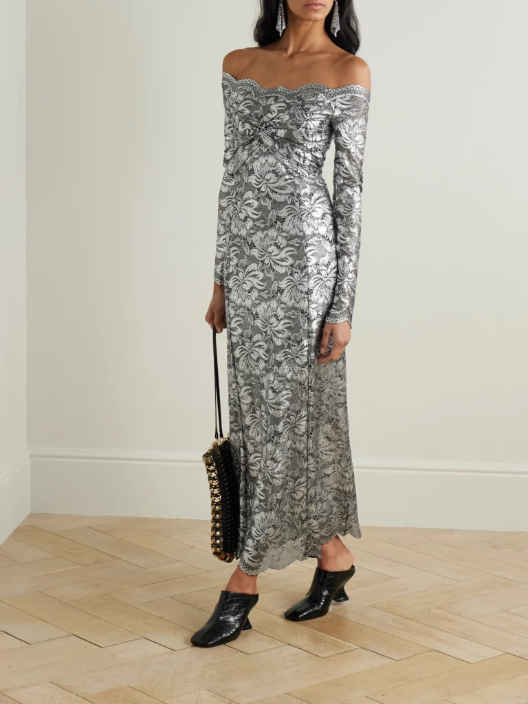 Rabanne Off-the-shoulder Metallic Stretch-lace Midi Dress