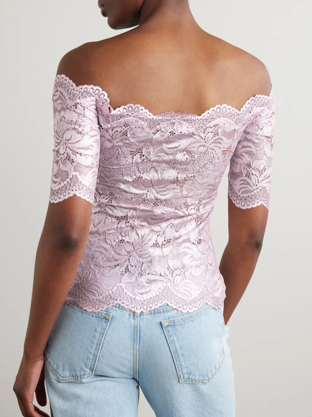 Back view of the Rabanne Off-the-shoulder Metallic Stretch-lace Top