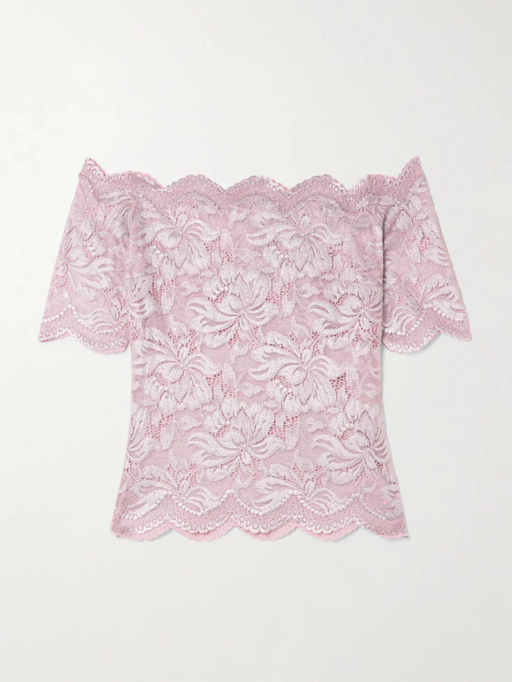 Rabanne Off-the-shoulder Metallic Stretch-lace Top in pink