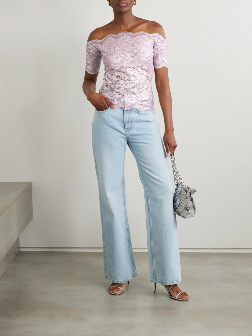 Rabanne Off-the-shoulder Metallic Stretch-lace Top, worn by a model