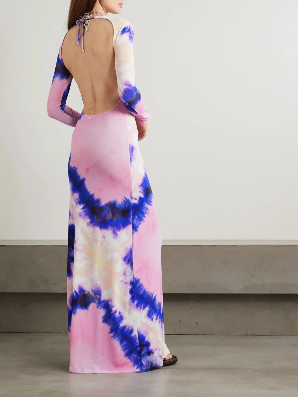 Back view of the Rabanne Open-back Tie-dyed Stretch-crepe Maxi Dress