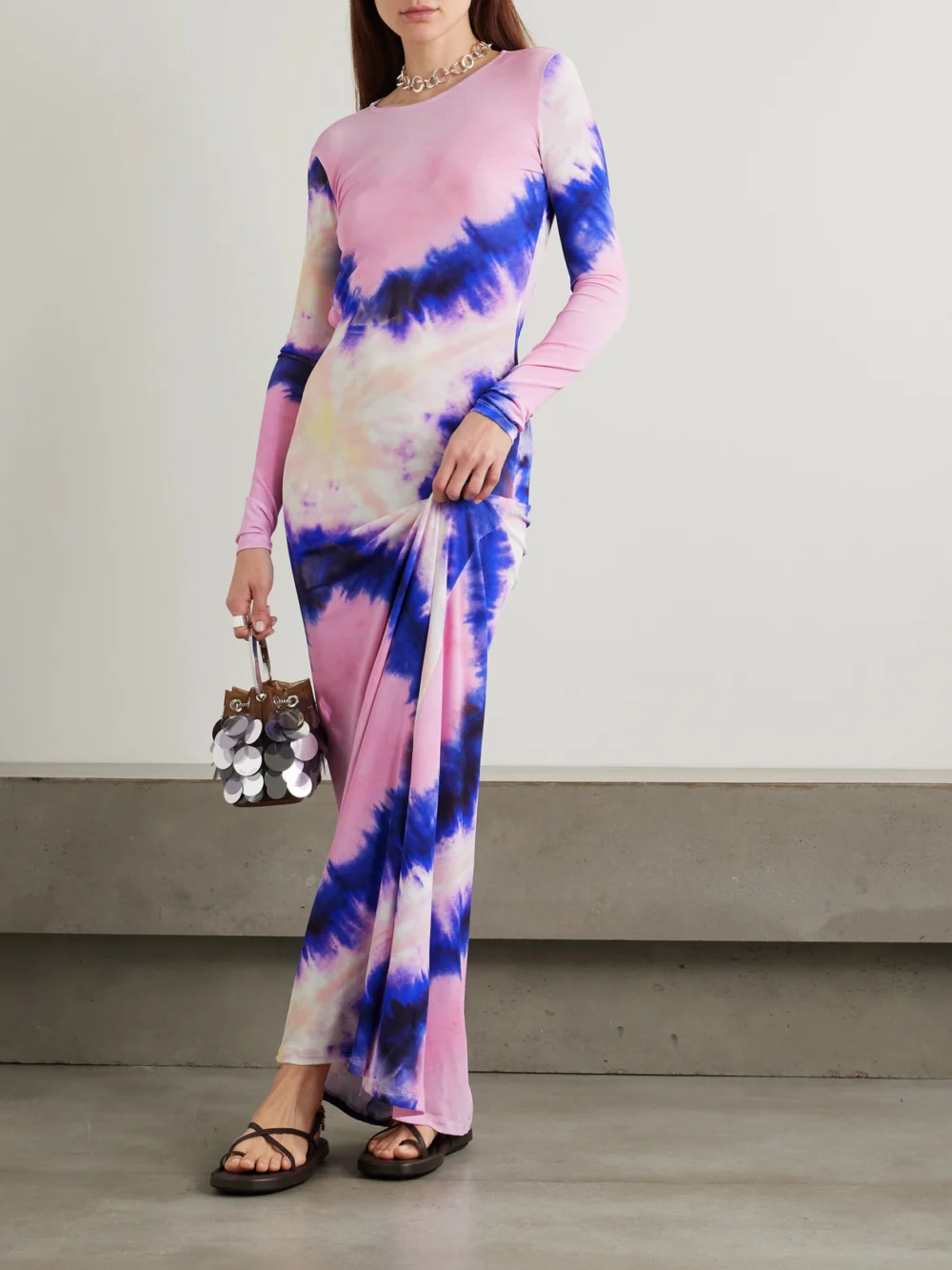 Rabanne Open-back Tie-dyed Stretch-crepe Maxi Dress, worn by a model