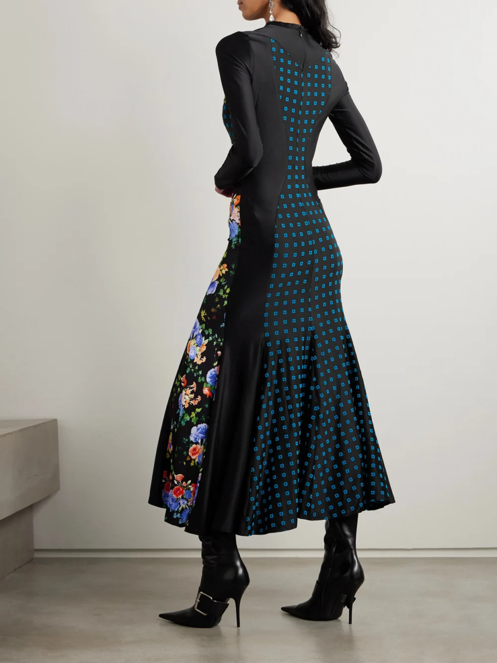 Back view of the Rabanne Paneled Printed Satin-jersey Maxi Dress