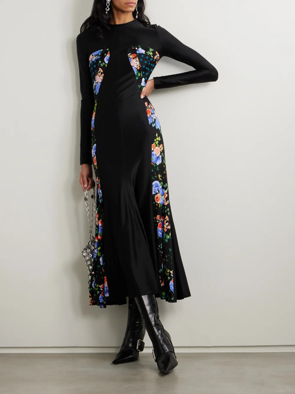 Rabanne Paneled Printed Satin-jersey Maxi Dress, worn by a model