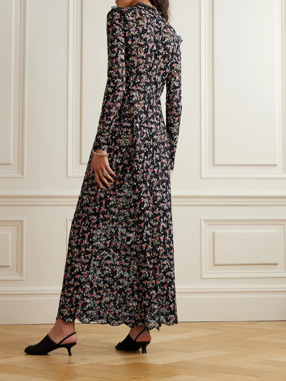 Back view of the Rabanne Pintucked Embroidered Lace Maxi Dress