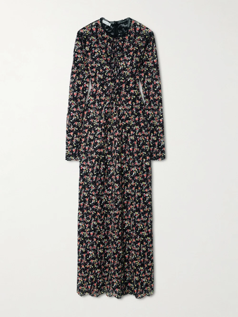 Rabanne Pintucked Embroidered Lace Maxi Dress in black