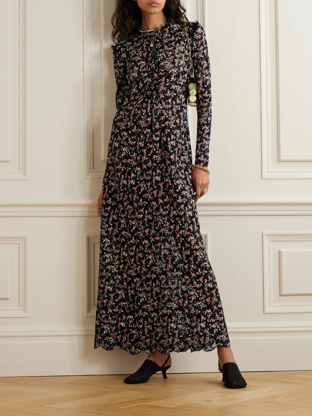 Rabanne Pintucked Embroidered Lace Maxi Dress, worn by a model